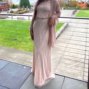 Adrianna Papell Pink/Nude Beaded Mesh Overlay Short Sleeve Gown Dress Size 2